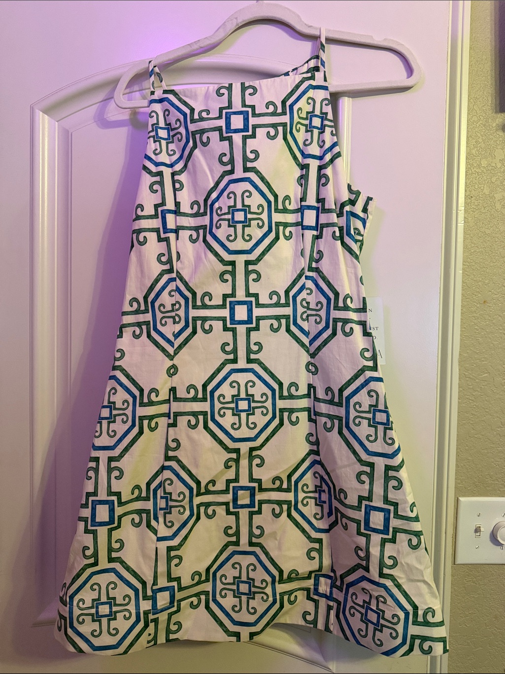 Sleeveless White Girls' Dress With Blue & Green Geometric Print
